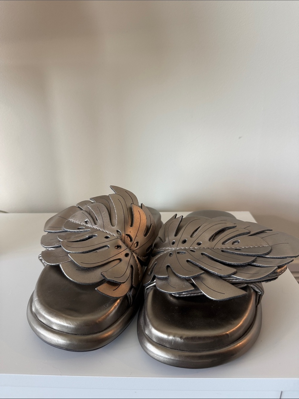 FARM Rio Metallic Silver Leaf Leather Slide Sandals